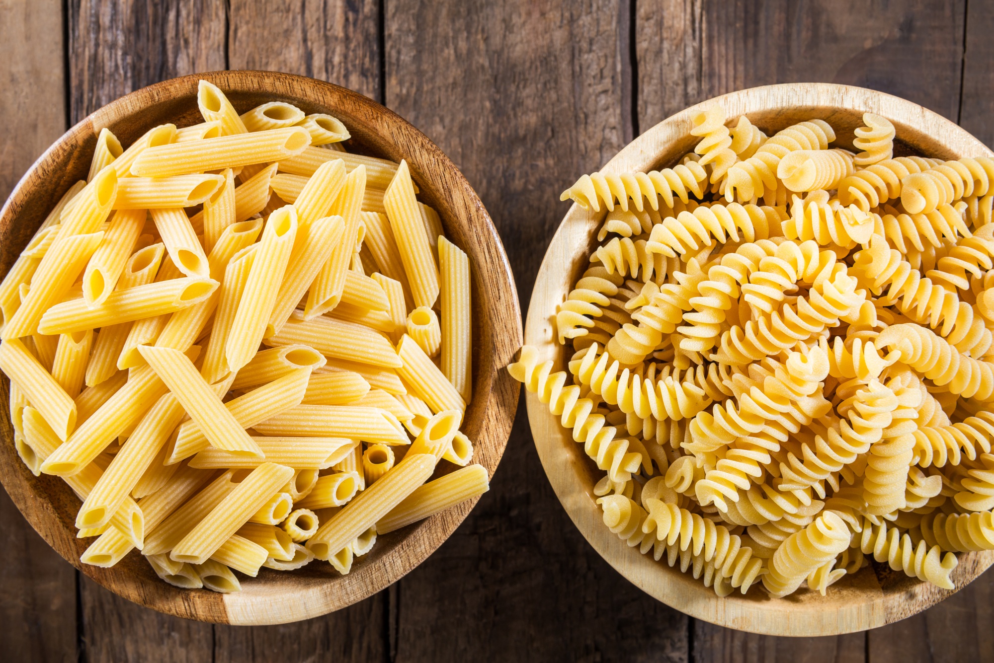 Fusilli and Penne Rigate as Raw Pasta