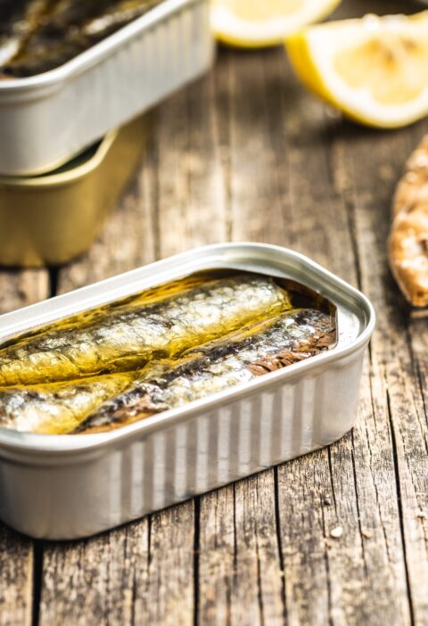 Canned sardines. Sea fish in tin can.