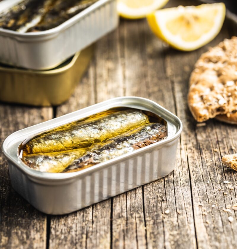Canned sardines. Sea fish in tin can.