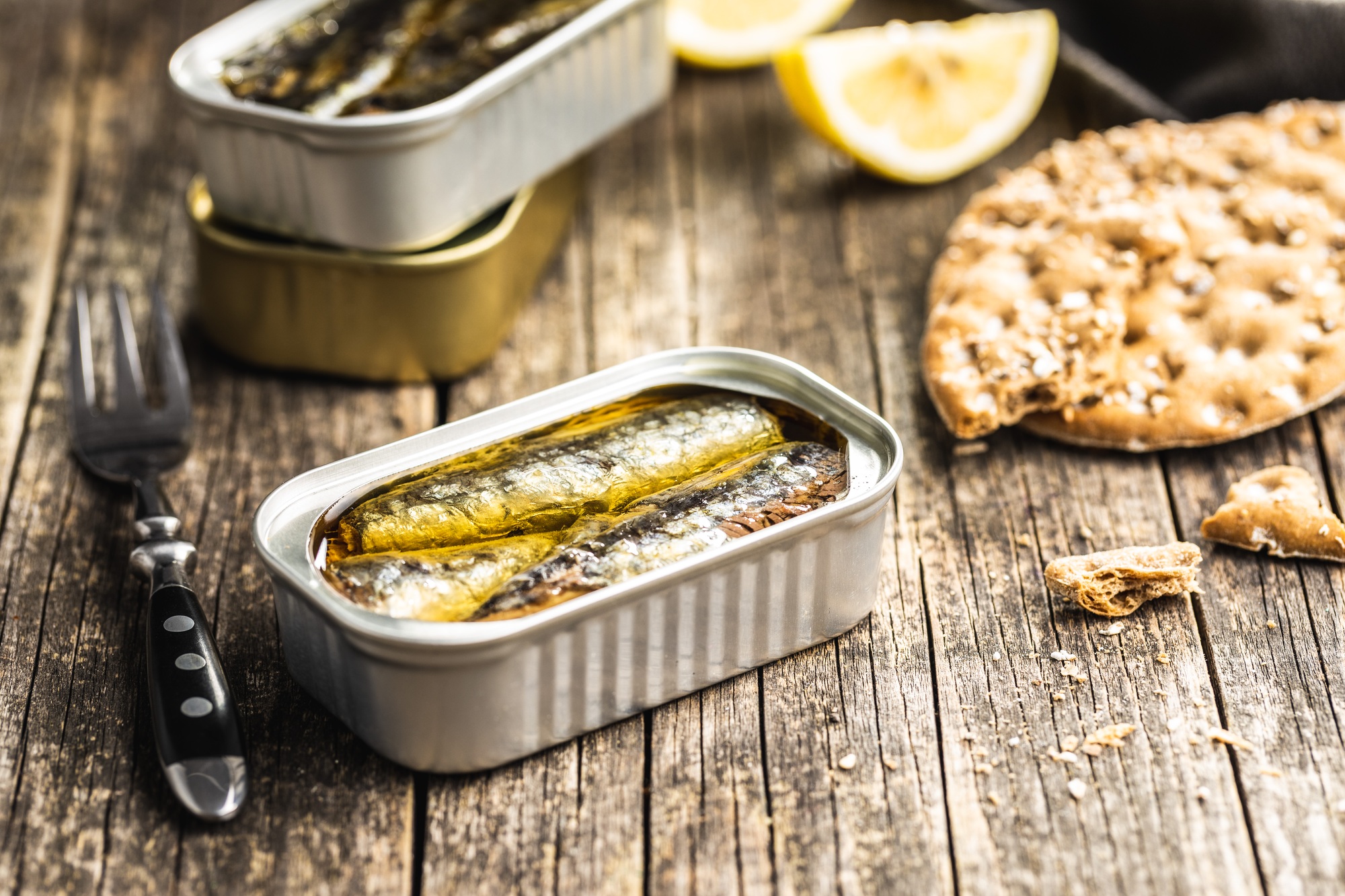 Canned sardines. Sea fish in tin can.