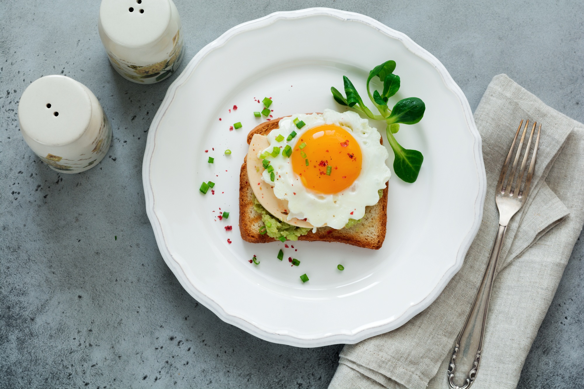 Toast with guacamole sauce from avocado, cheese, fried egg and fresh on white ceramic plate on gray