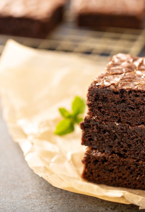 Stack of moist fudgy brownies