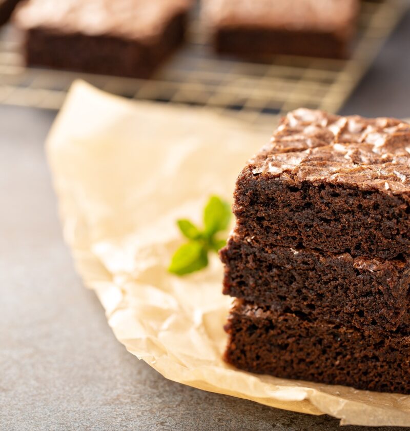 Stack of moist fudgy brownies