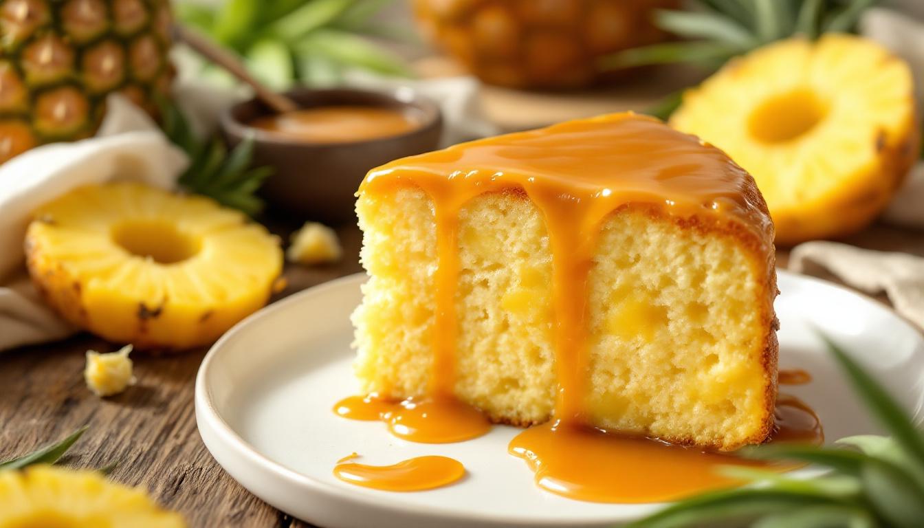 découvrez notre gâteau extra-moelleux à l’ananas et caramel au beurre salé, un dessert d’été parfait pour apporter douceur et fraîcheur à vos repas ensoleillés.
