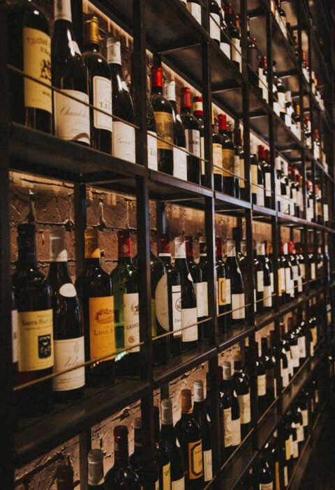 wine bottles on rack