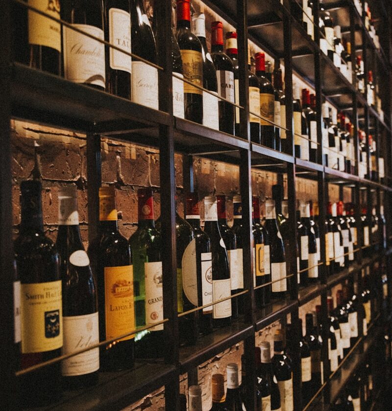 wine bottles on rack