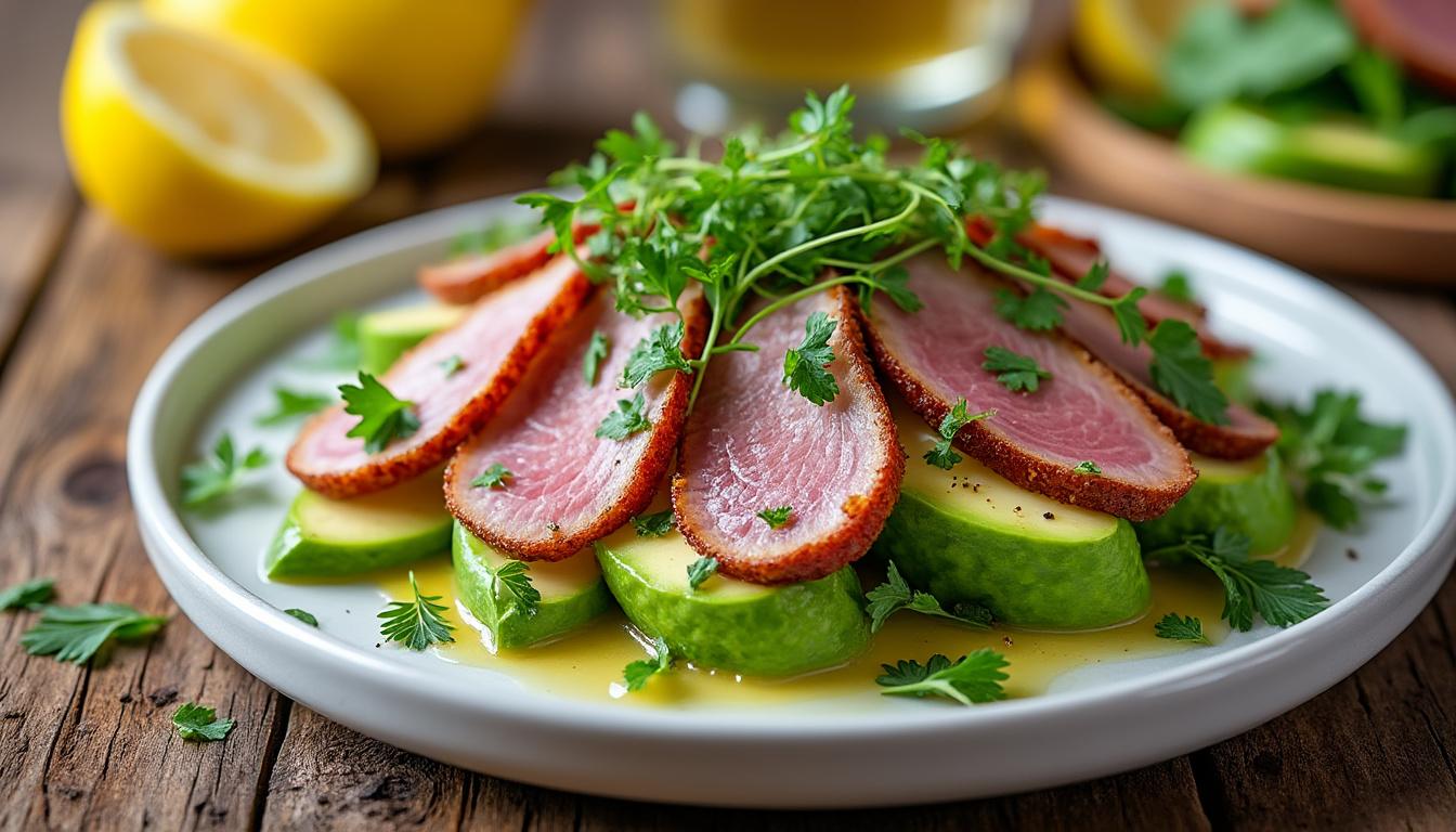 découvrez comment préparer facilement une salade savoureuse de magret de canard fumé et avocat en seulement 30 minutes, parfaite pour un repas rapide et gourmand.