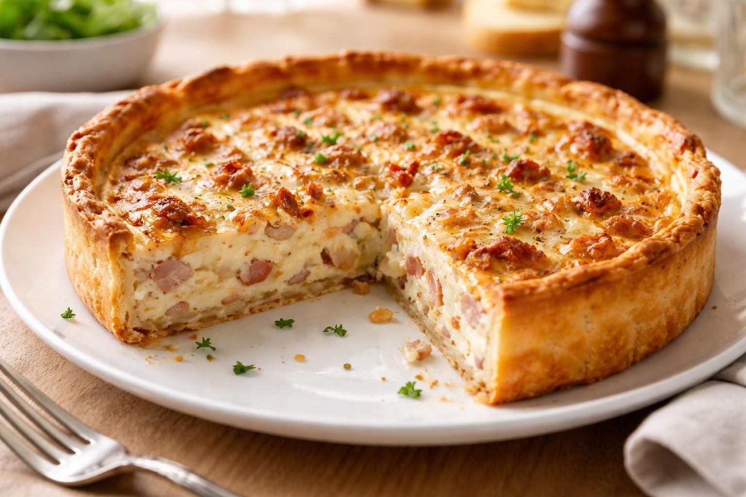 découvrez notre quiche lorraine au fromage blanc, légère et croustillante, parfaite pour un repas savoureux et gourmand.