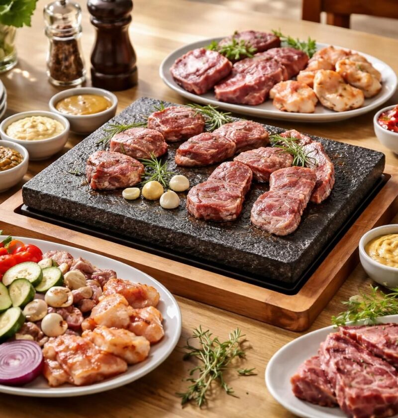 découvrez notre recette de pierrade avec de la viande savoureuse et des accompagnements variés, un plat convivial et délicieux qui séduira tous vos invités.