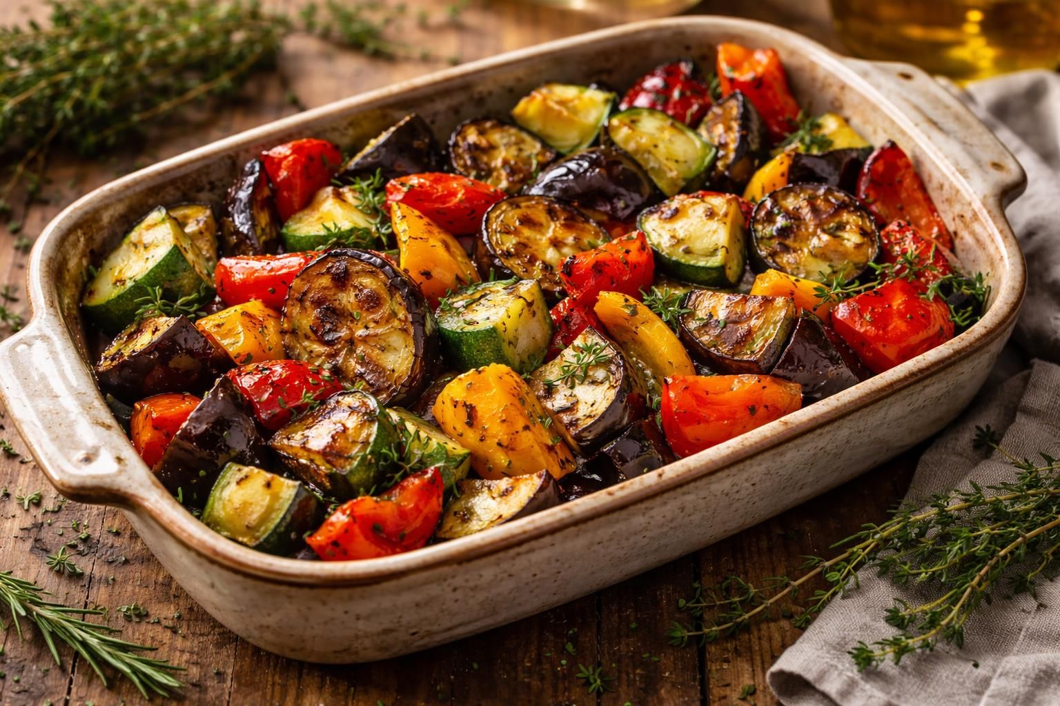 découvrez nos recettes savoureuses d'aubergines, courgettes et poivrons au four, pour sublimer la magie des légumes rôtis et régaler vos papilles.