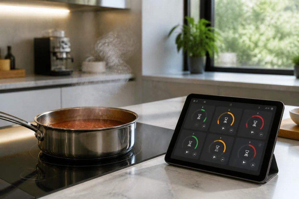 découvrez comment une tablette tactile innovante simplifie la gestion des minuteries de cuisson, même lorsque la sauce réduit, pour une expérience culinaire précise et sans stress.