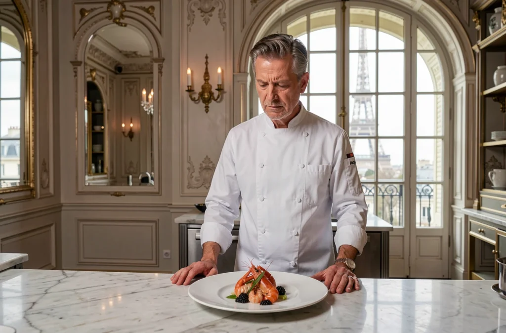 Chef Alain Ducasse en cuisine gastronomique parisienne, regardant une assiette raffinée de langoustines et caviar