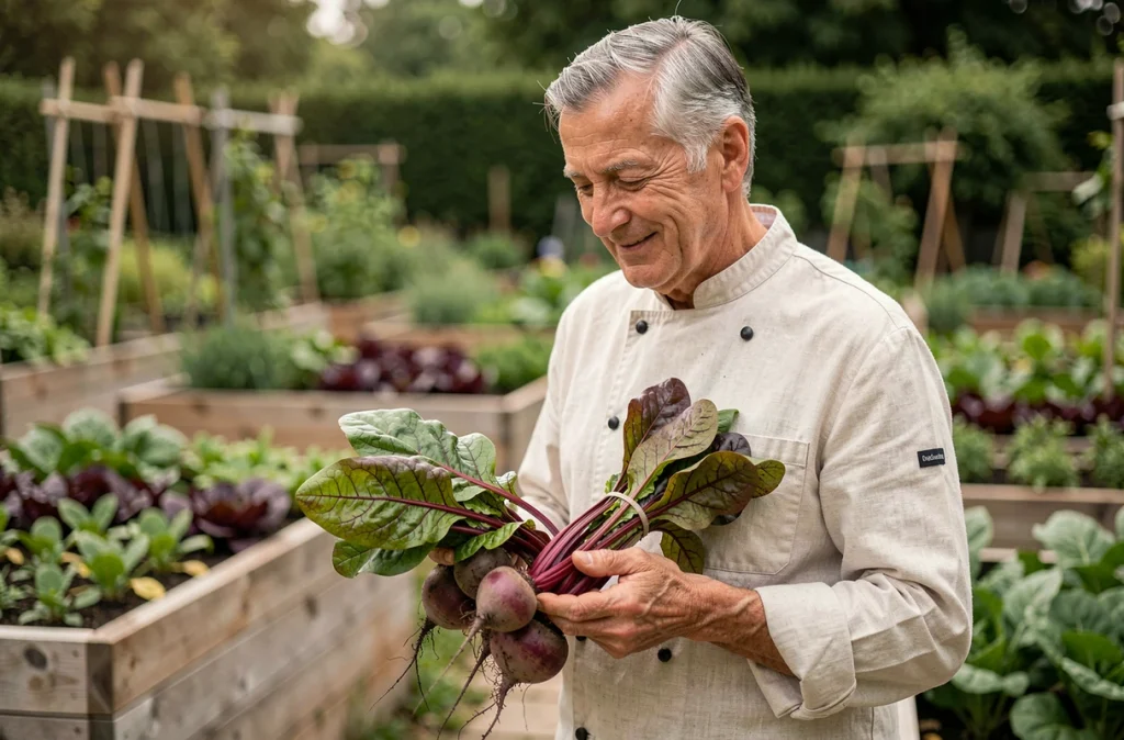 Chef Alain Passard dans son potager parisien, tenant une botte de légumes frais avec racines et terre