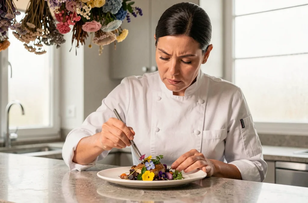 Chef Anne-Sophie Pic dressant une assiette avec précision aromatique dans sa cuisine de Valence