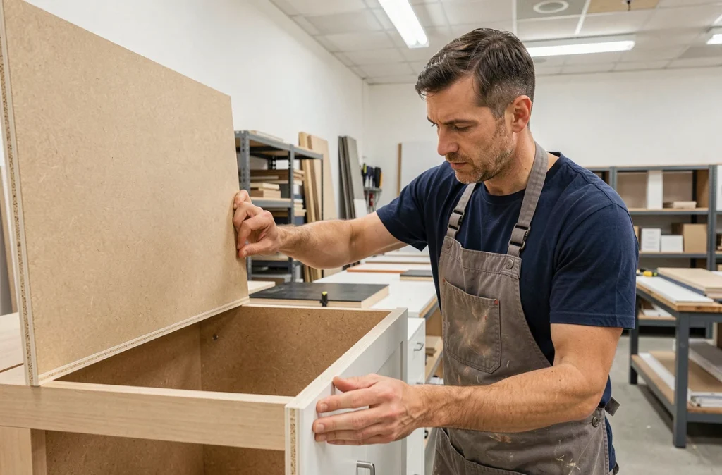 Artisan inspectant la qualité d'un caisson de cuisine So Cooc, vérifiant les finitions intérieures et les chants