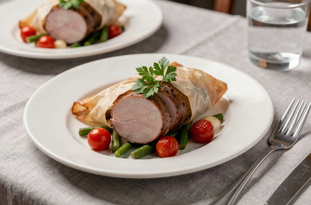 Assiette de filet mignon de porc en papillote avec légumes rôtis et persil frais sur une table élégante