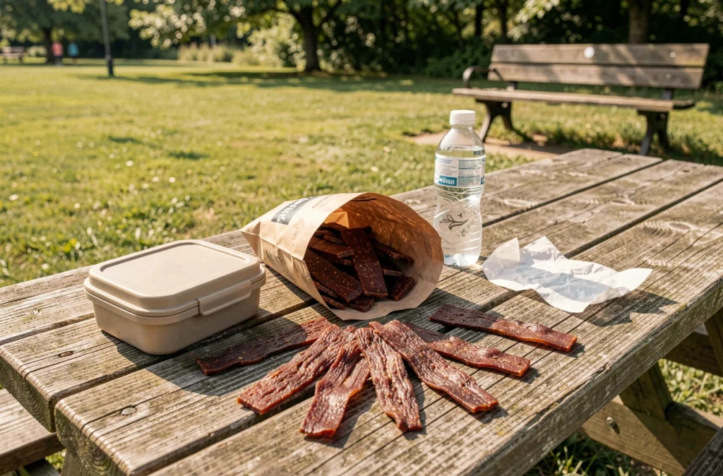 Sac de beef jerky ouvert sur une table de pique-nique avec une boîte à lunch d'enfant dans un parc