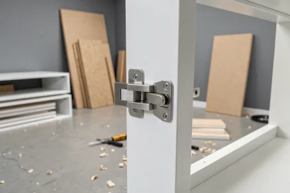 Détail d'une charnière soft-close sur un meuble So Cooc en laque blanche, montrant la qualité des finitions