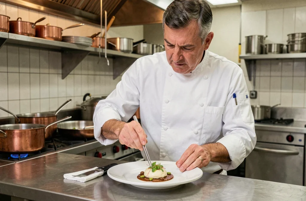 Chef cuisinier concentré en train de dresser une assiette gastronomique dans la cuisine d'un grand restaurant de Lille