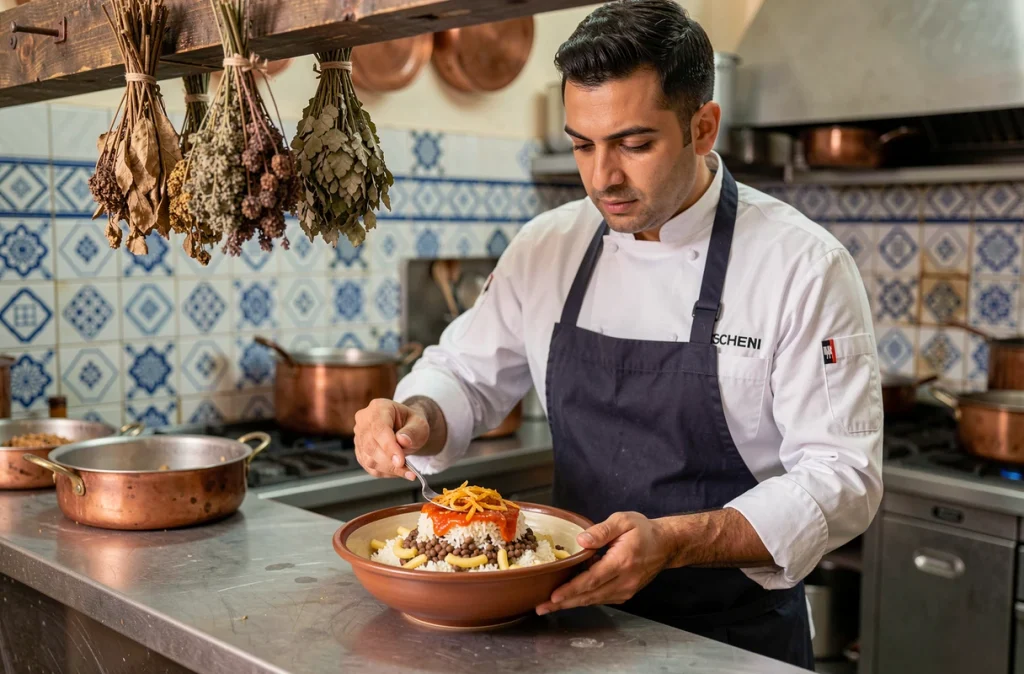 Chef égyptien préparant un plat de koshari traditionnel dans une cuisine de restaurant