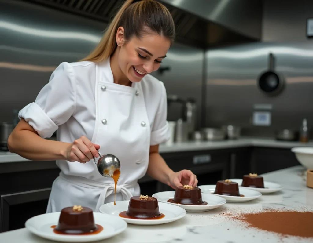Cheffe pâtissière en train de dresser des fondants au chocolat et caramel dans une cuisine professionnelle