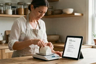 Femme mesurant de la farine sur une balance numérique de cuisine avec une recette affichant des conversions grammes et litres sur une tablette