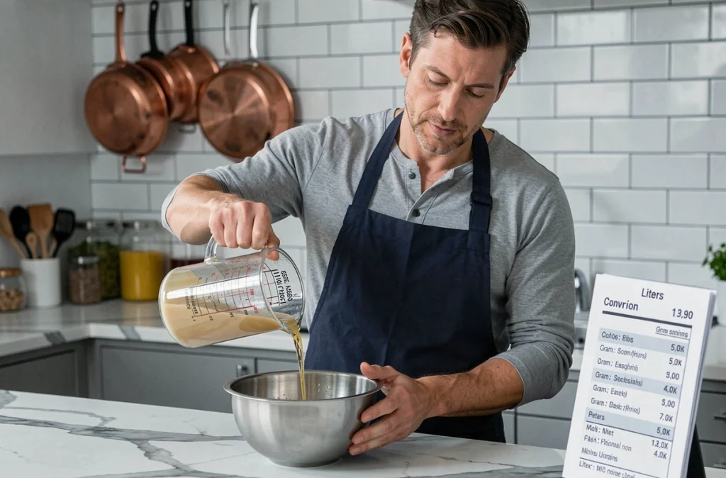 Homme versant un liquide dans un pichet gradué en millilitres dans une cuisine professionnelle avec un tableau de conversion grammes et litres