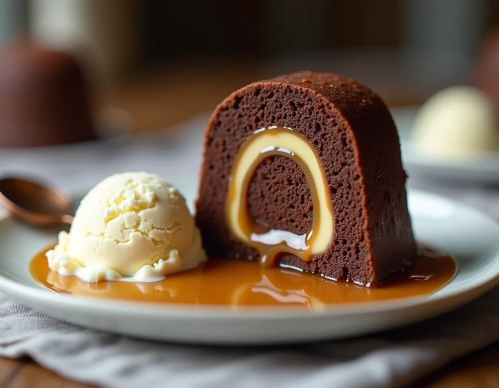 Coupe de fondant au chocolat révélant un cœur caramel beurre salé avec glace vanille