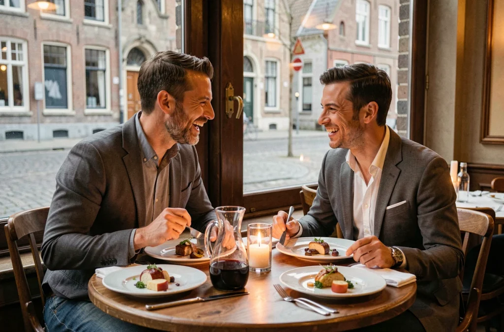 Couple savourant un dîner gastronomique dans une brasserie chic de Lille avec vue sur l'architecture flamande