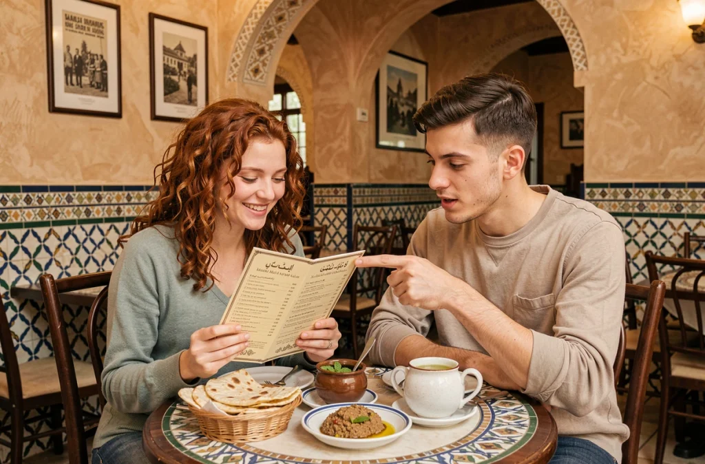 Couple lisant la carte d'un restaurant égyptien avec thé à la menthe et pain aish baladi sur la table