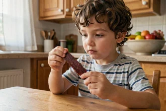 Jeune garçon examinant un morceau de beef jerky dans une cuisine familiale, expression hésitante et curieuse