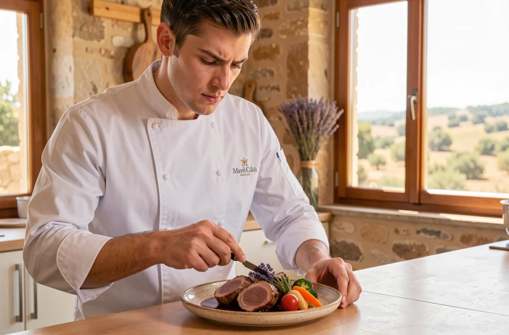 Chef Fabien Ferré finalisant un plat provençal étoilé à base d'agneau et de lavande dans sa cuisine en Provence