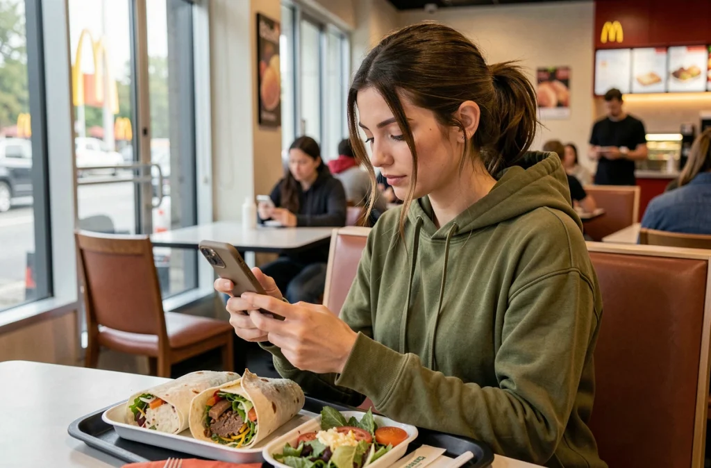 Jeune femme consultant les options végétariennes au McDonald's sur son téléphone devant un wrap végétal et une salade