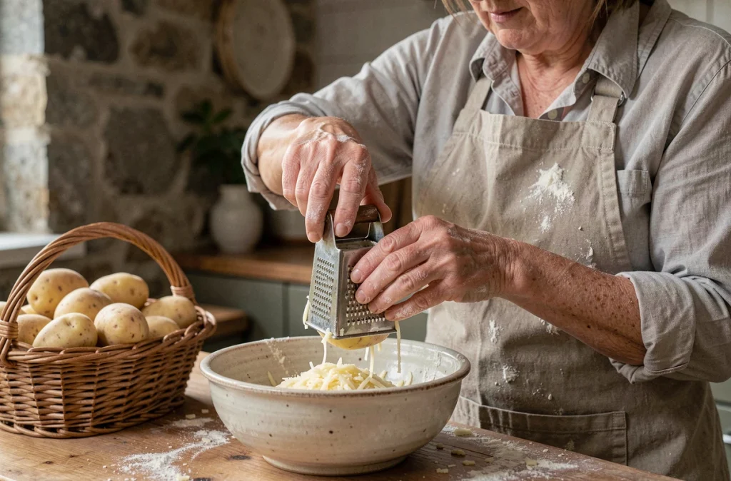 Femme râpant une pomme de terre crue sur une râpe traditionnelle dans une cuisine rustique pour préparer une rapée
