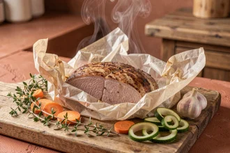 Filet mignon de porc en papillote ouvert sur une planche en bois rustique avec légumes frais et herbes aromatiques