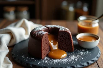 Fondant au chocolat et caramel beurre salé avec cœur coulant sur ardoise rustique