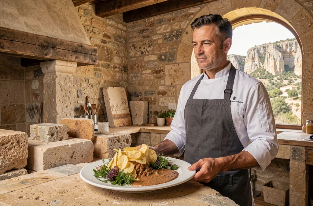 Chef Glenn Viel au Baumanière aux Baux-de-Provence, devant une assiette paysagère inspirée des Alpilles