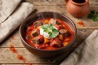 Goulash hongrois servi dans un bol en céramique rustique avec crème fraîche et persil frais sur une table en bois