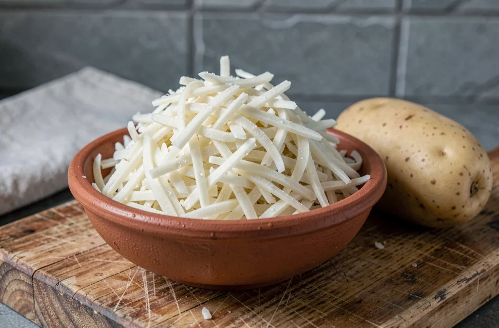 Gros plan de pommes de terre râpées fraîches dans un bol en terre cuite, montrant la texture fibreuse et humide idéale pour une rapée