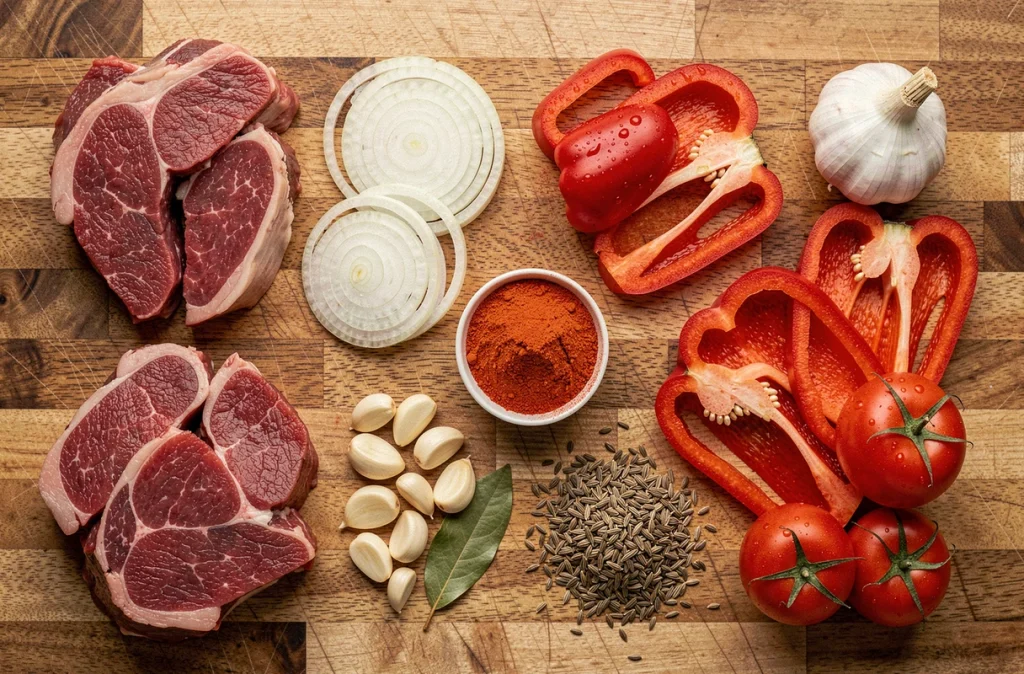 Ingrédients frais pour goulash hongrois disposés sur un plan de travail en bois avec paprika, bœuf et légumes