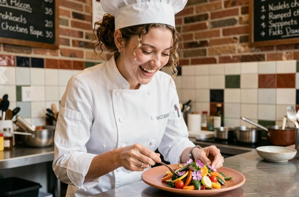 Chef Julia Sedefdjian riant en cuisine parisienne tout en dressant un plat coloré d'inspiration niçoise