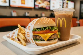 Menu végétarien McDonald's avec burger au steak végétal, frites et boisson sur plateau dans un restaurant fast-food