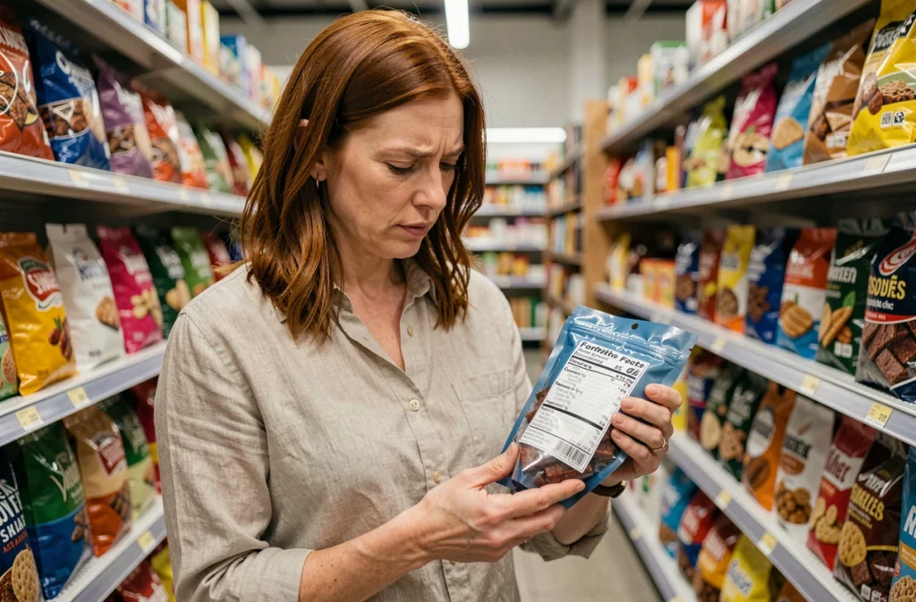 Mère lisant les informations nutritionnelles d'un paquet de beef jerky dans un supermarché