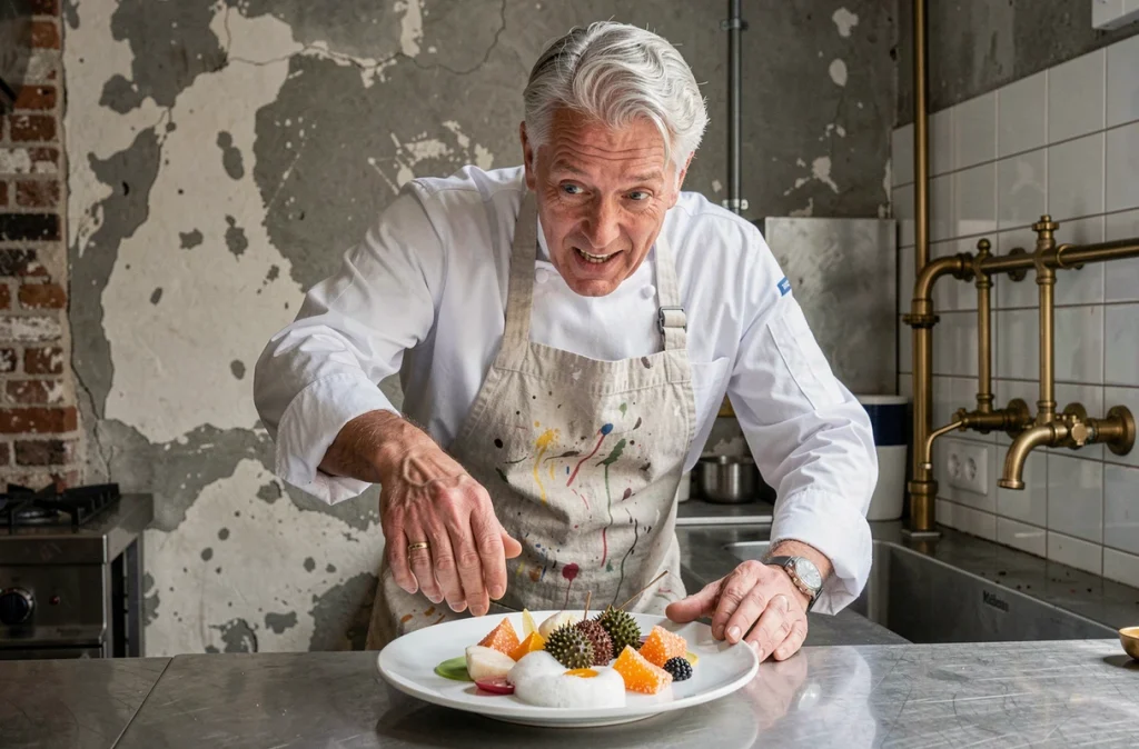 Chef Pierre Gagnaire en cuisine parisienne, gesticulant avec passion devant une assiette avant-gardiste et créative