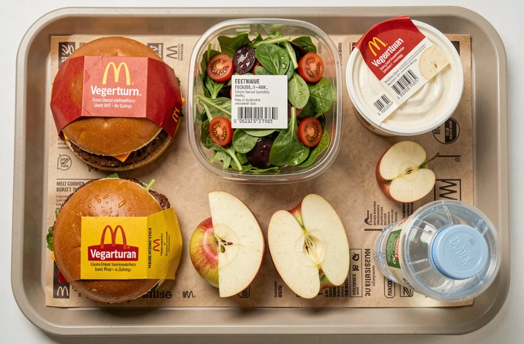 Vue aérienne d'un plateau végétarien McDonald's avec burger végétal, salade, pommes et eau en bouteille