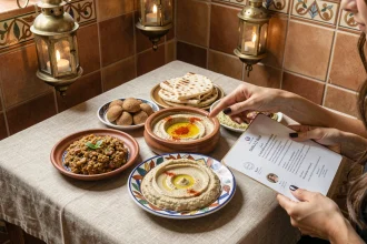 Table d'un restaurant égyptien avec des plats traditionnels mezze et une carte en arabe et français