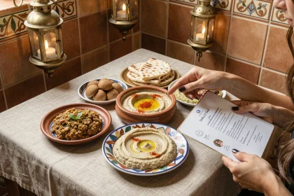 Table d'un restaurant égyptien avec des plats traditionnels mezze et une carte en arabe et français