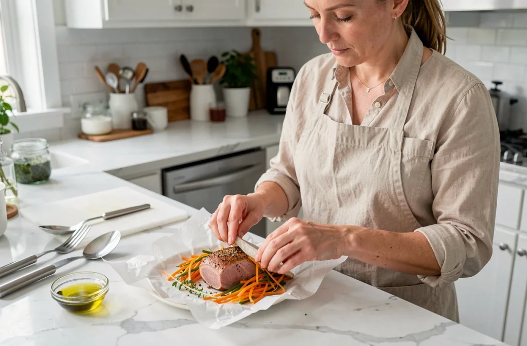 Femme préparant un filet mignon de porc en papillote avec des légumes et des herbes dans une cuisine moderne
