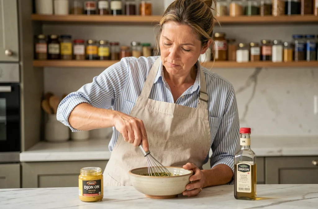 Femme préparant une vinaigrette maison dans un bol en céramique sur un plan de travail en marbre dans une cuisine française