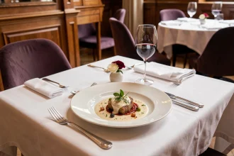 Assiette gastronomique élégante dans un restaurant raffiné de Lille, avec couverts en argent et verre de vin rouge sur nappe blanche